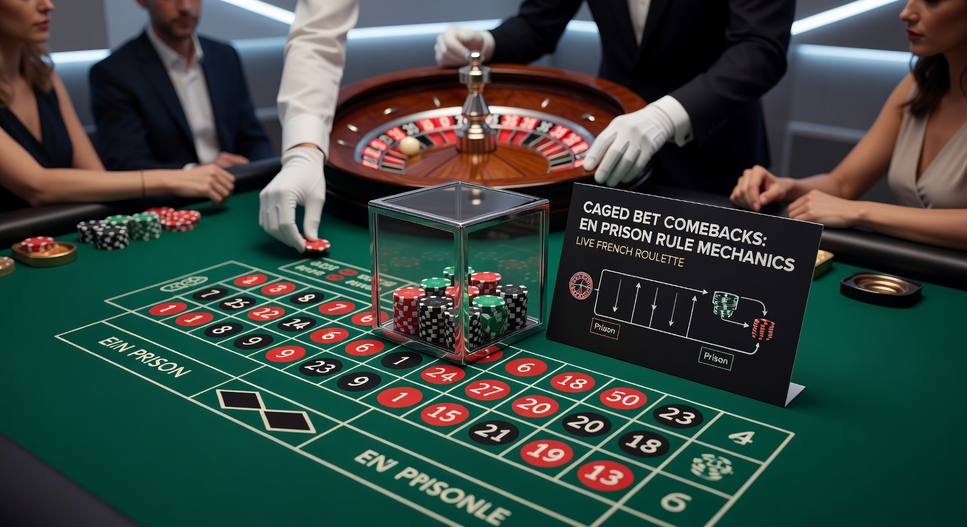 Close-up van een En Prison bet marker op een live Franse roulette tafel, met dealer die de volgende spin voorbereidt