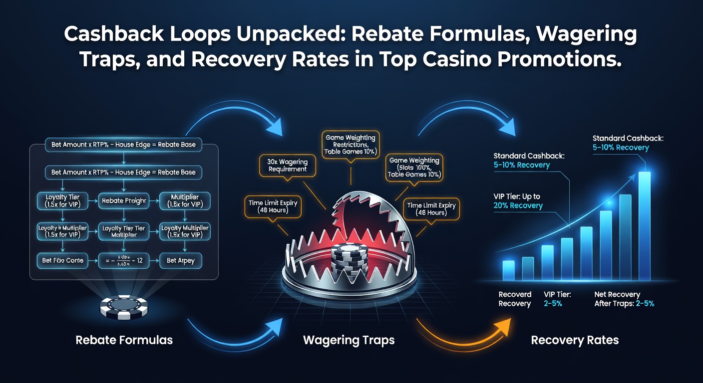 Grafische weergave van een cashback loop met pijlen die verliezen, rebates en herinzetten tonen in een casino promotie