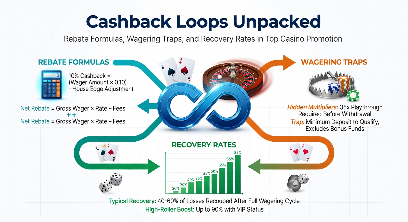 Tabel met vergelijking van herstelpercentages en wagering eisen in verschillende casino cashback promoties