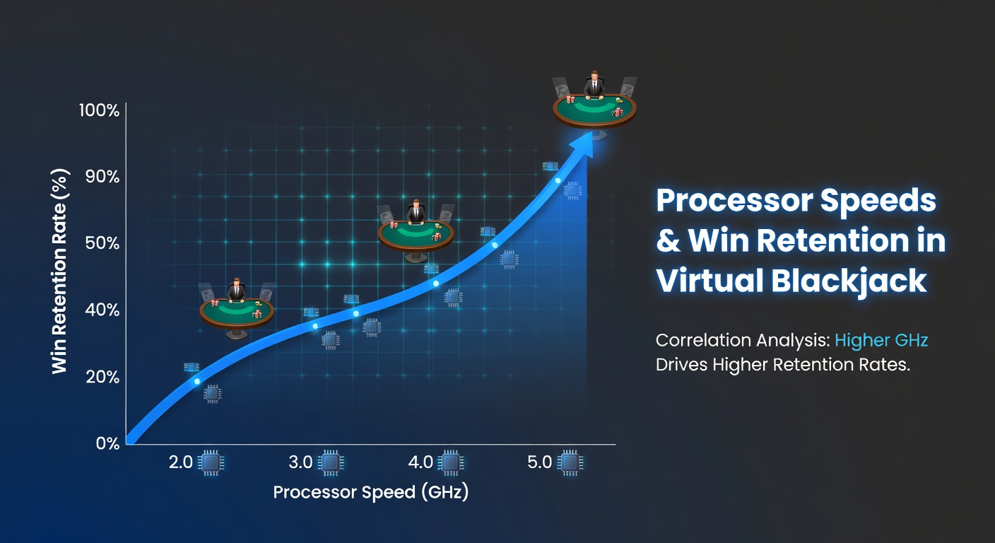 Grafiek die processorkloksnelheden vergelijkt met win-retentiepercentages in virtuele blackjack simulaties