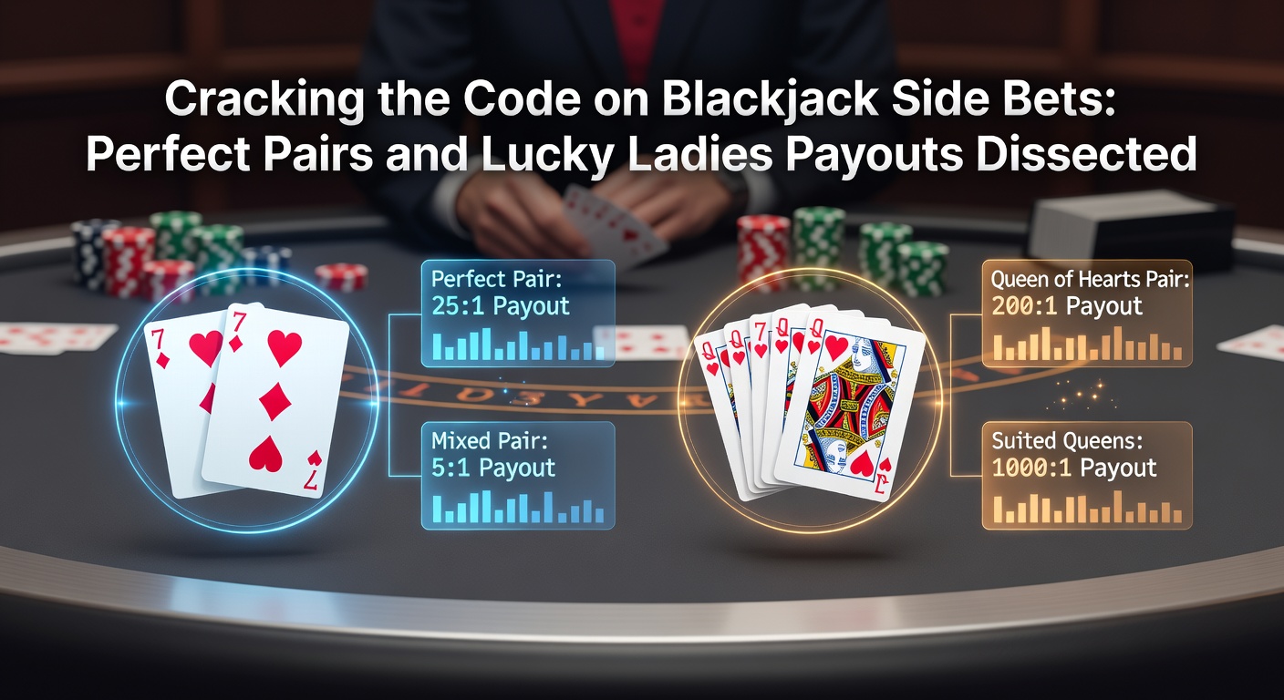 Blackjack tafel met side bets zoals Perfect Pairs en Lucky Ladies, spelerskaarten en chips zichtbaar tijdens een live sessie