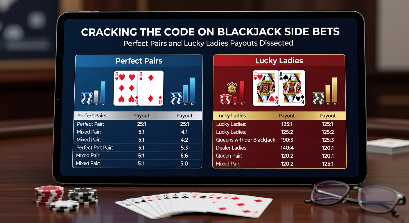 Close-up van Lucky Ladies side bet op een blackjacktafel, met queens en hartenkaarten die hoge uitbetalingen activeren naast chips en dealerhand