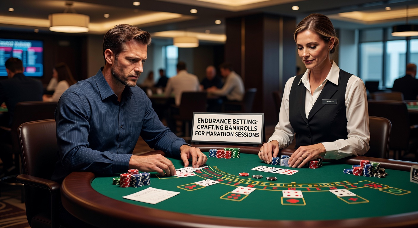 Een blackjacktafel tijdens een lange sessie met stapels fiches die een solide bankroll illustreren