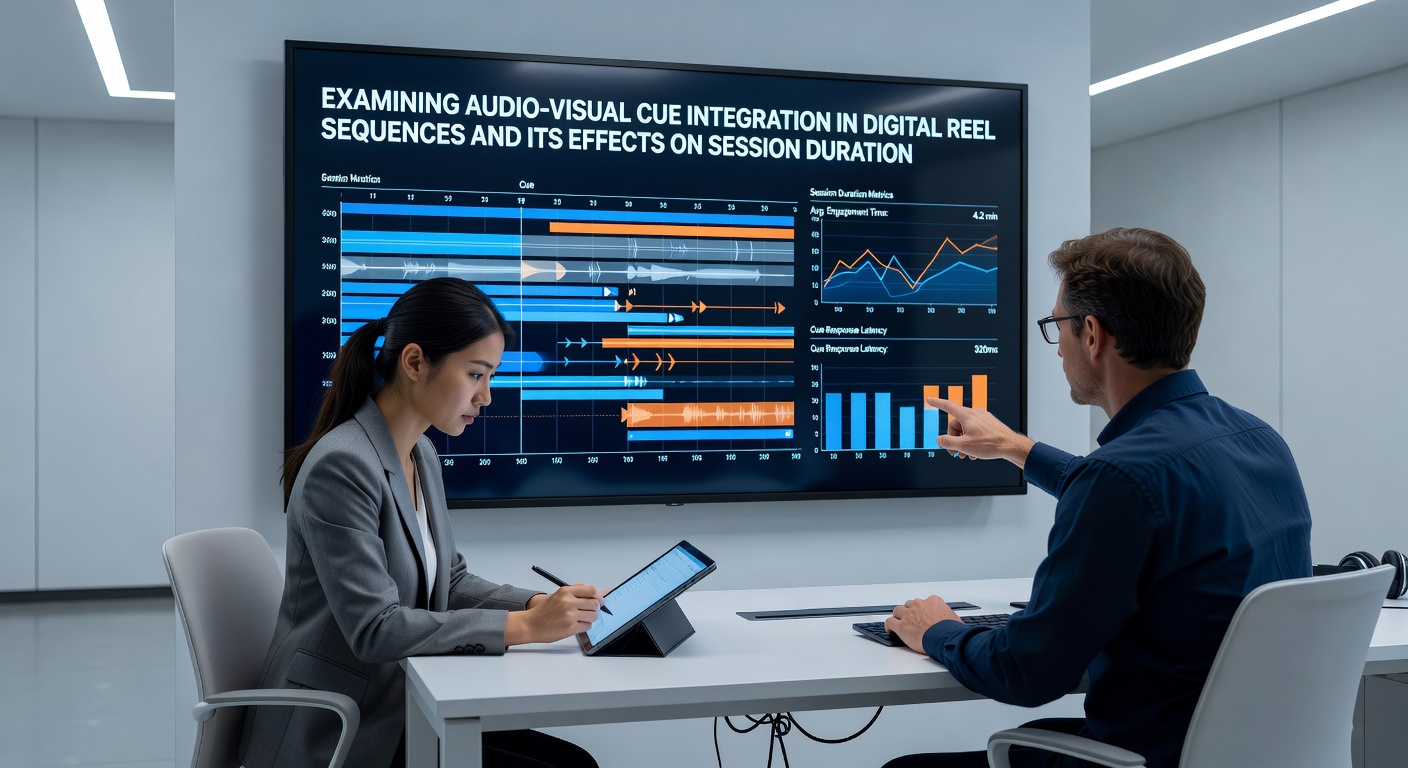 Analyseweergave van sessieduurpatronen met visuele en auditieve cue-overlays op digitale reels