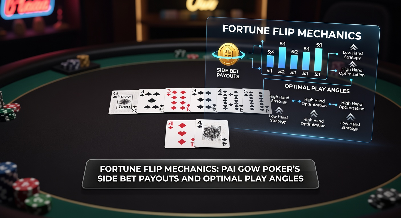 Kaartenlayout van een Pai Gow Poker tafel met Fortune Flip side bet in actie, inclusief dealer flip card en spelershanden