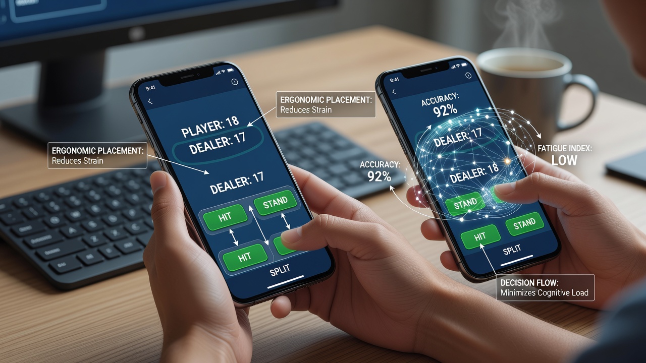Detailopname van een mobiel blackjack scherm met ergonomische knoppen en visuele feedback