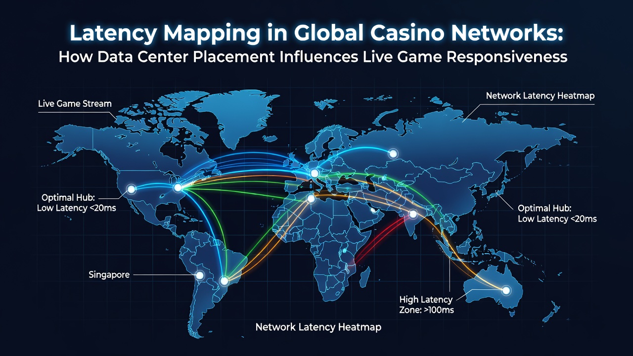 Diagram van datacenterclusters met pijlen die latency routes en responsmetingen in live casino systemen illustreren