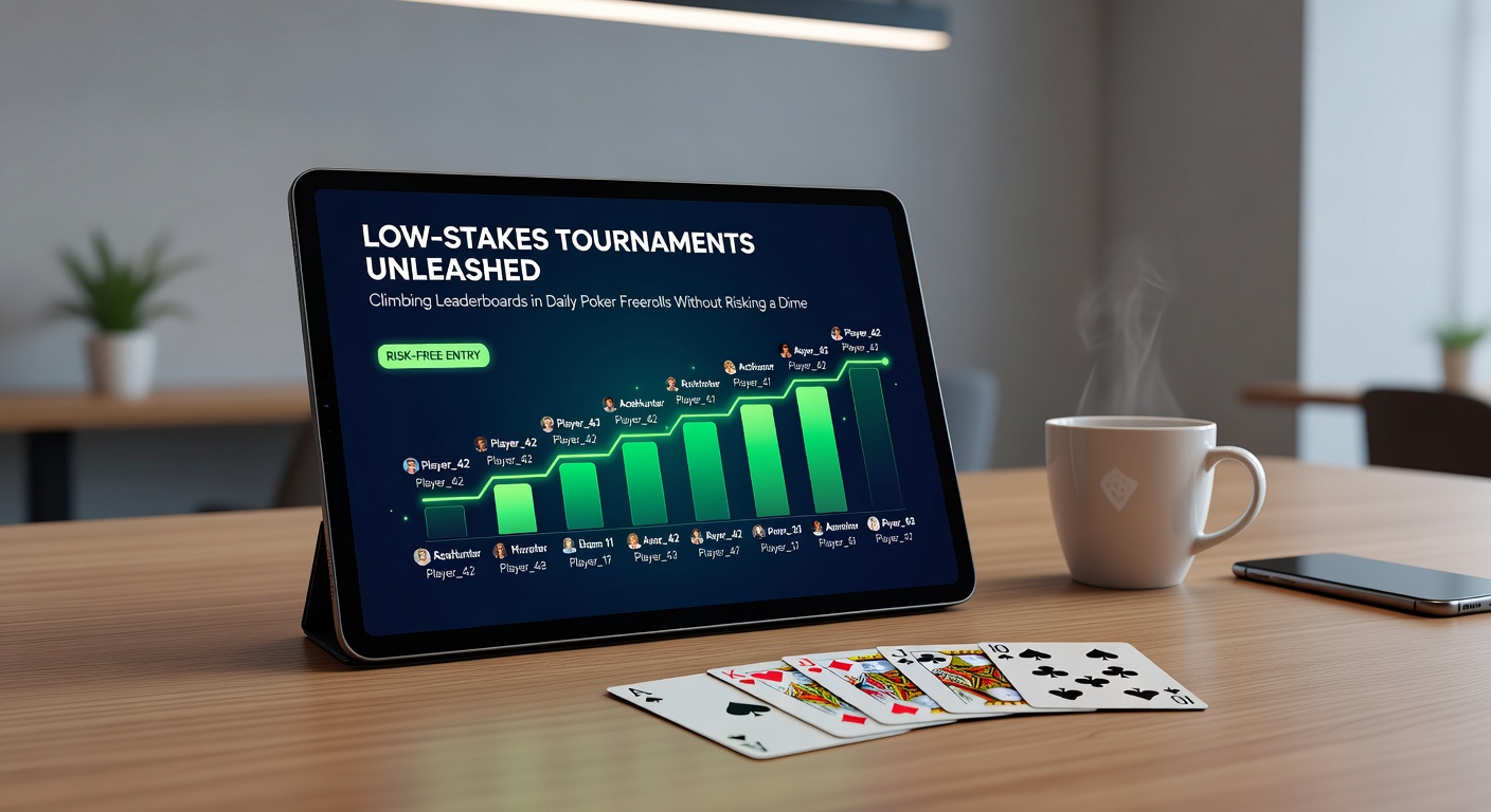 Een groep poker spelers aan tafels tijdens een online freeroll toernooi, met leaderboards op de achtergrond die stijgen in real-time