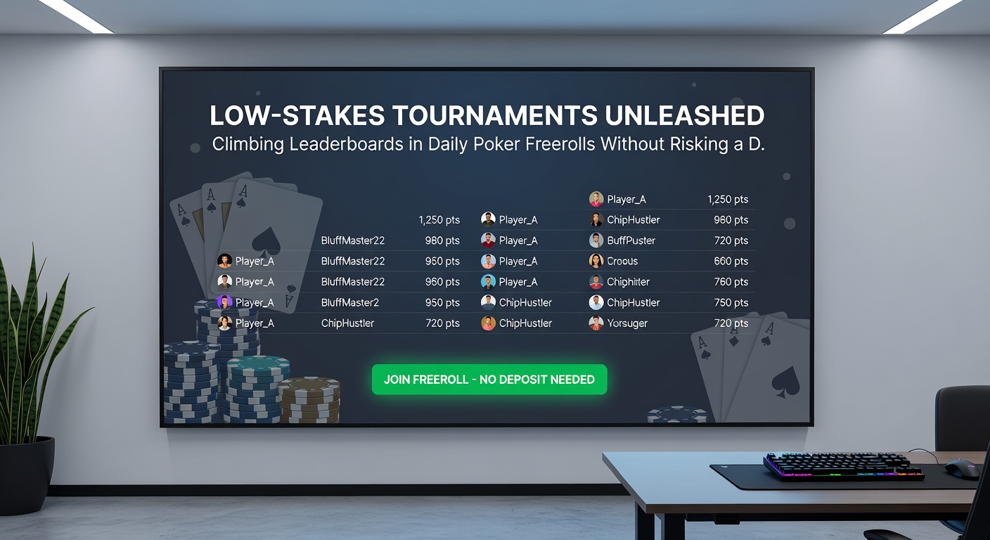 Close-up van een leaderboard in een poker freeroll, met namen en chip stacks die live updaten tijdens het toernooi