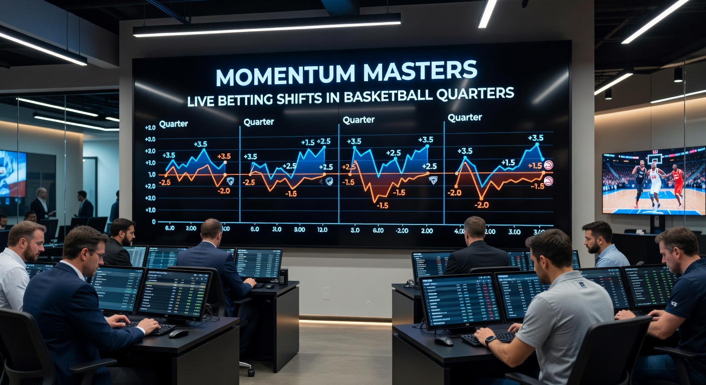 Grafiek met momentum shifts in een NBA quarter, odds veranderingen en statistieken overlay
