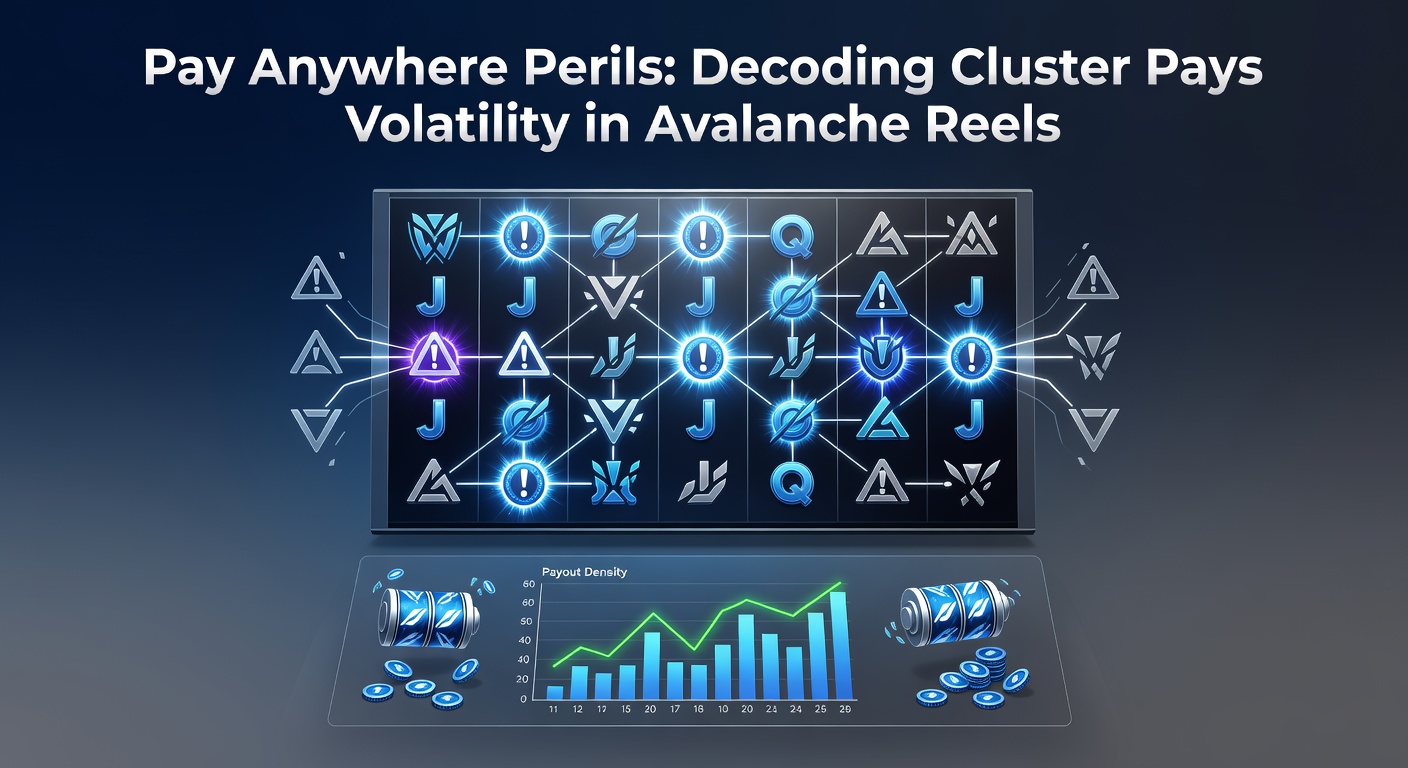Grafiek met volatiliteit curves voor cluster pays avalanche slots, tonen lange verliezen en piekwinsten in pay anywhere spellen