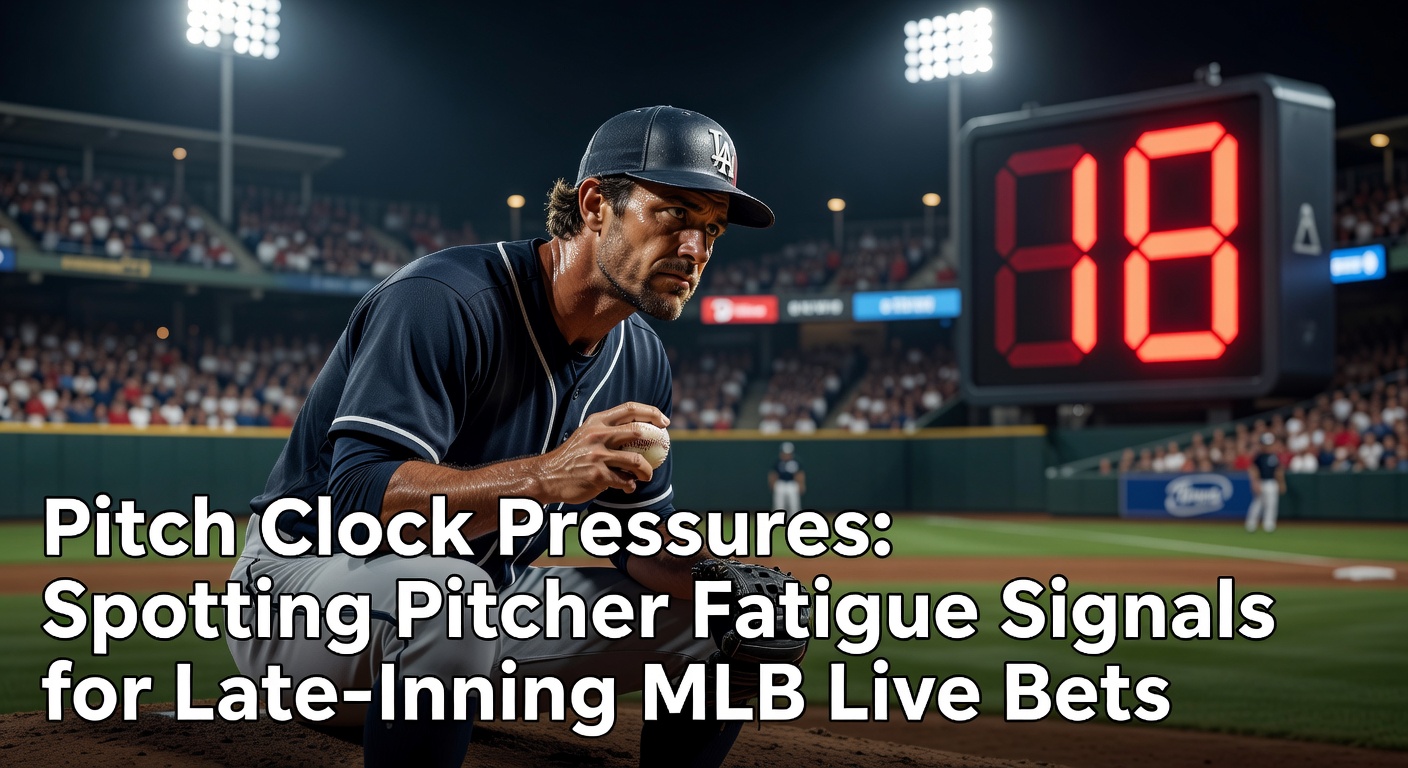 Een MLB-pitcher veegt zijn voorhoofd af tijdens een late inning onder druk van de pitch clock, met de teller zichtbaar op het scherm