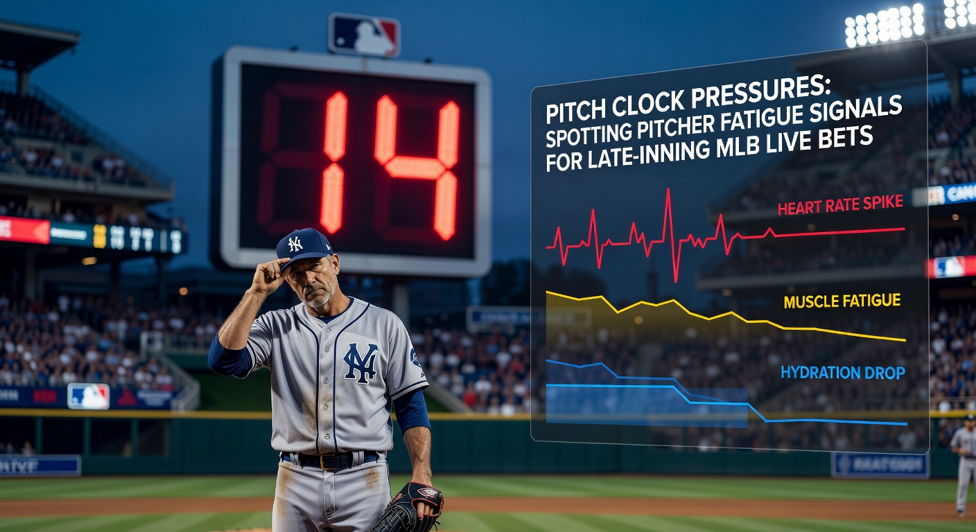 Grafiek met pitch velocity trends en vermoeidheidslijnen tijdens een MLB-wedstrijd in de late innings, met pitch clock overlay