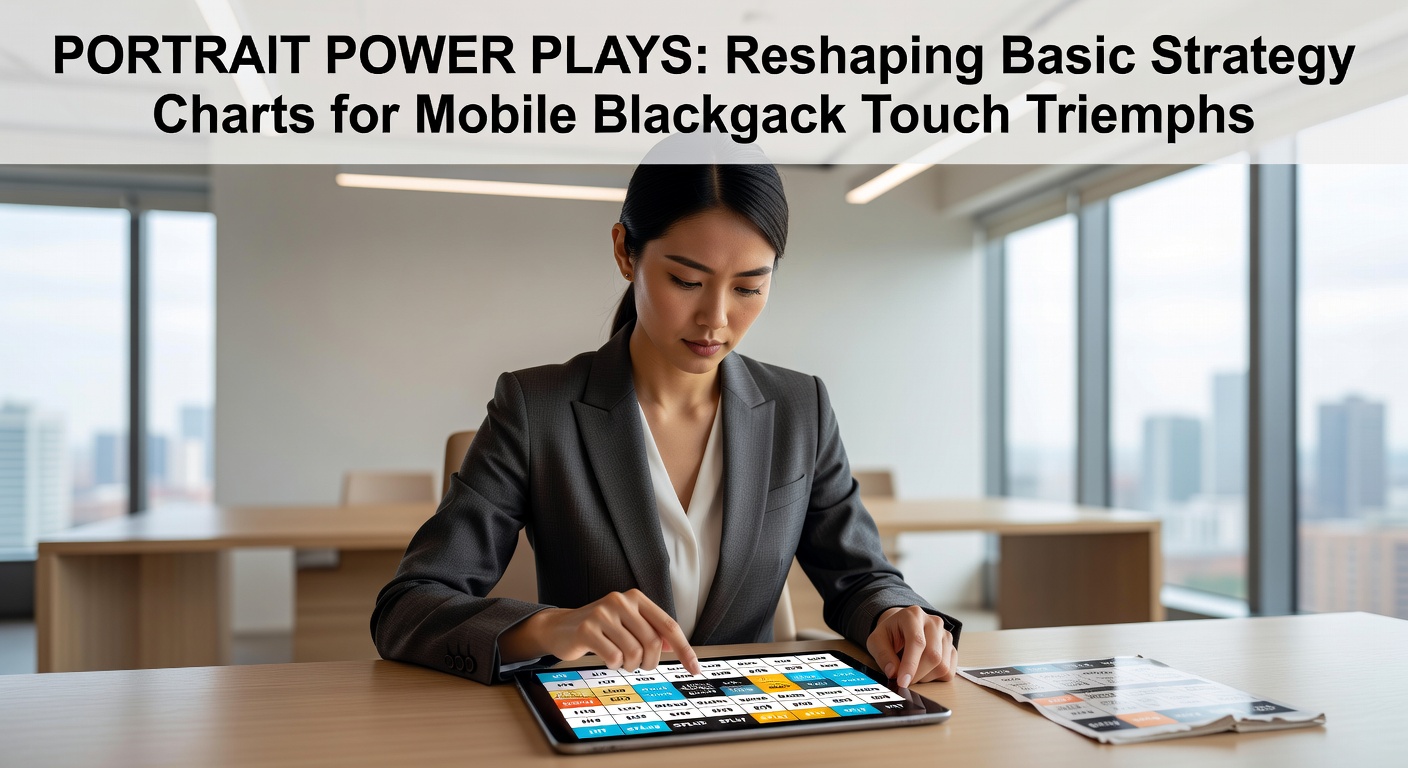 Mobiele Blackjack-speler houdt telefoon in portrait-modus vast, met basisstrategie-chart zichtbaar op het scherm tijdens een touch-sessie