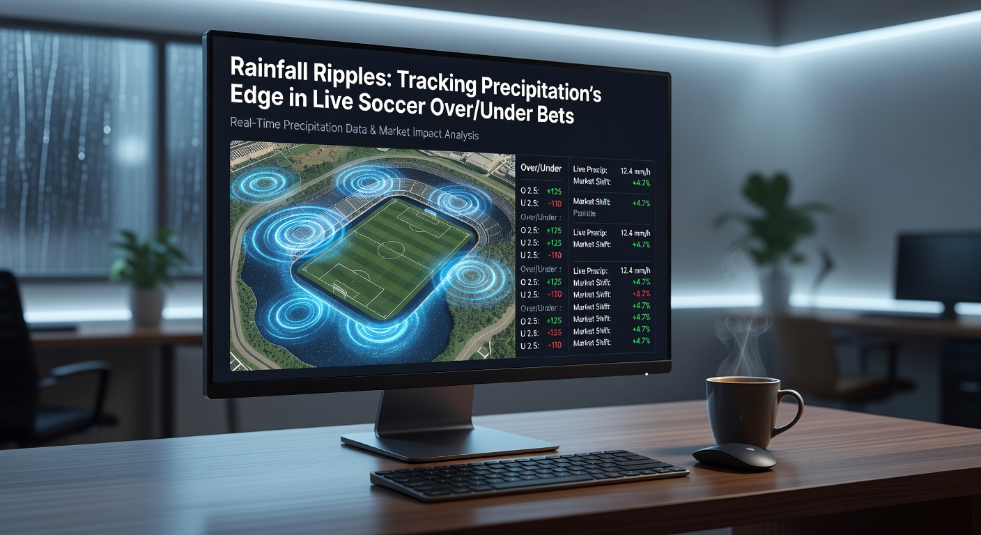 Satellietbeeld van een regenfront naderend een Nederlands stadion tijdens een live Eredivisie-wedstrijd, met overlay van odds veranderingen