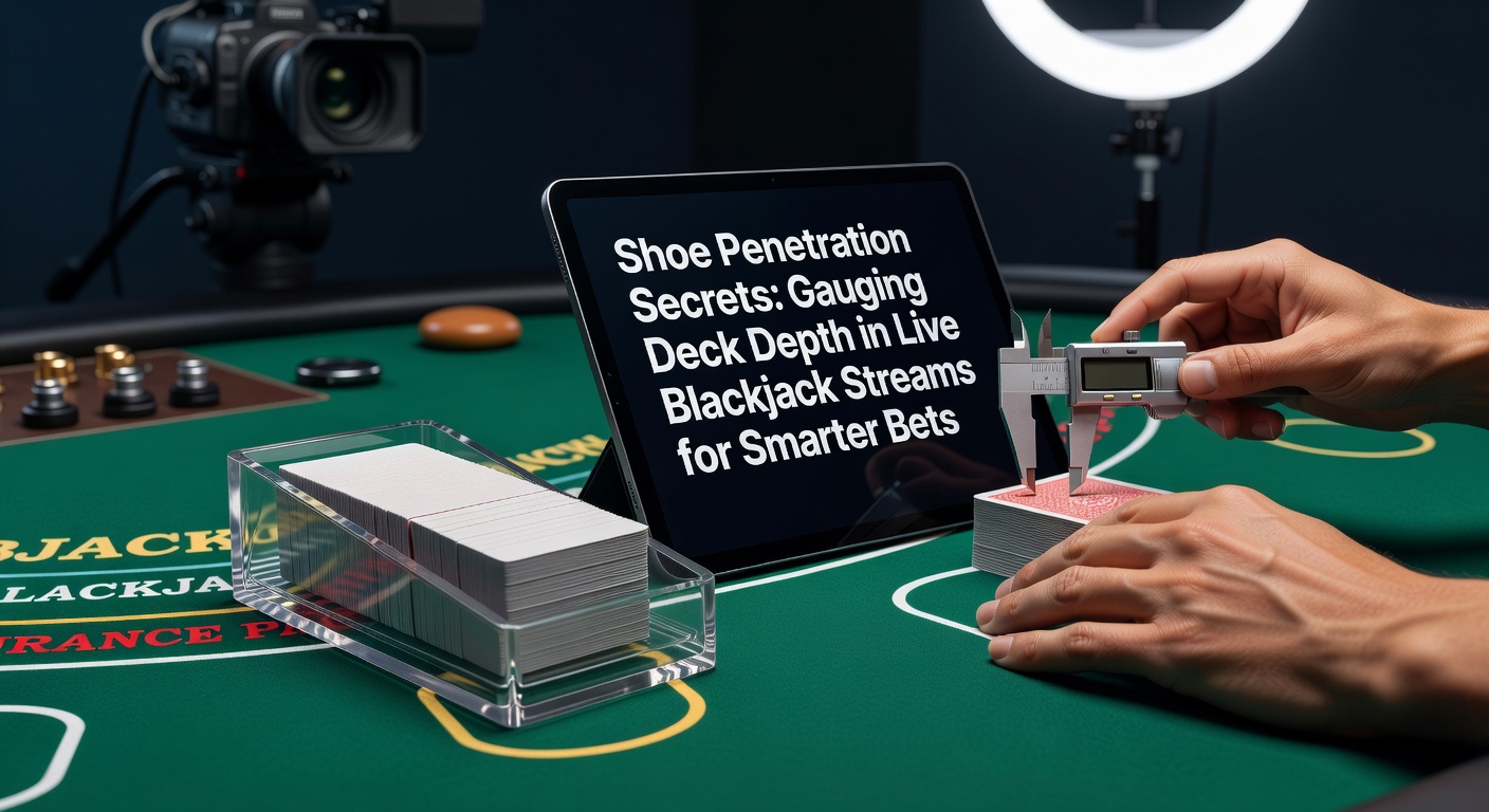 Live blackjack stream met zichtbare schoen en dealer die kaarten deelt, illustrerend diepte in de deck