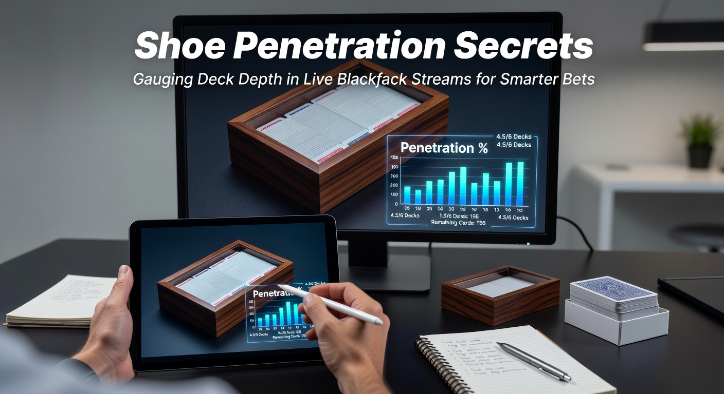 Close-up van een blackjack schoen in een live stream, met cut card zichtbaar en gemeten diepte voor strategische analyse