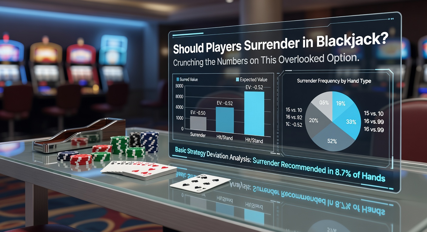 Blackjacktafel met kaarten en fiches, waar de surrender-optie centraal staat in de beslissingsfase