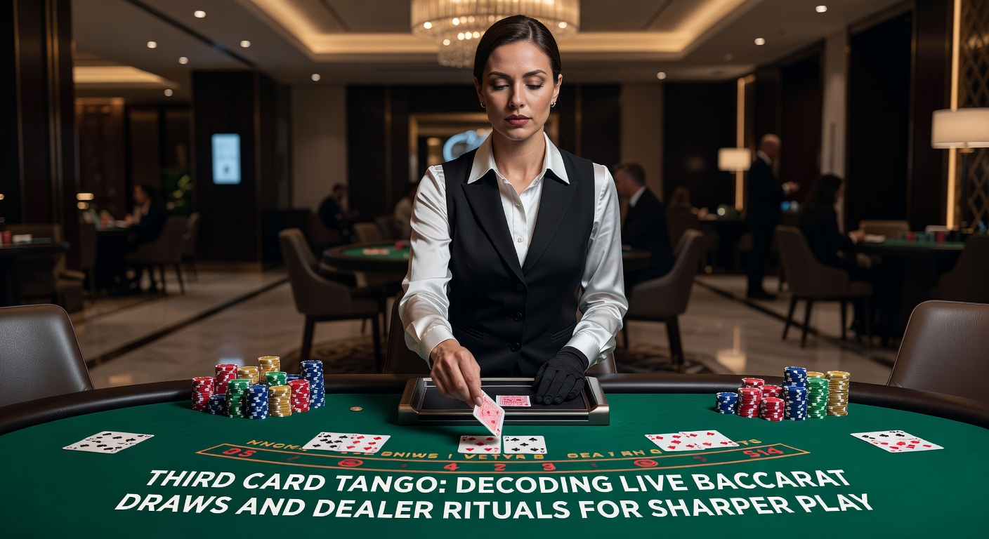 Live baccarat tafel met dealer die kaarten schudt tijdens een spannende third card trekking