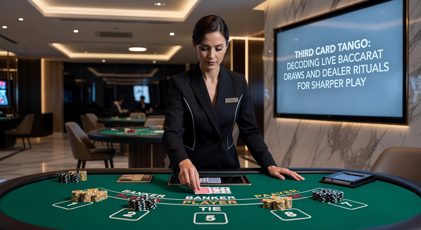 Close-up van een dealerhand die de derde kaart onthult in een live baccarat ronde, met spelerskaarten zichtbaar