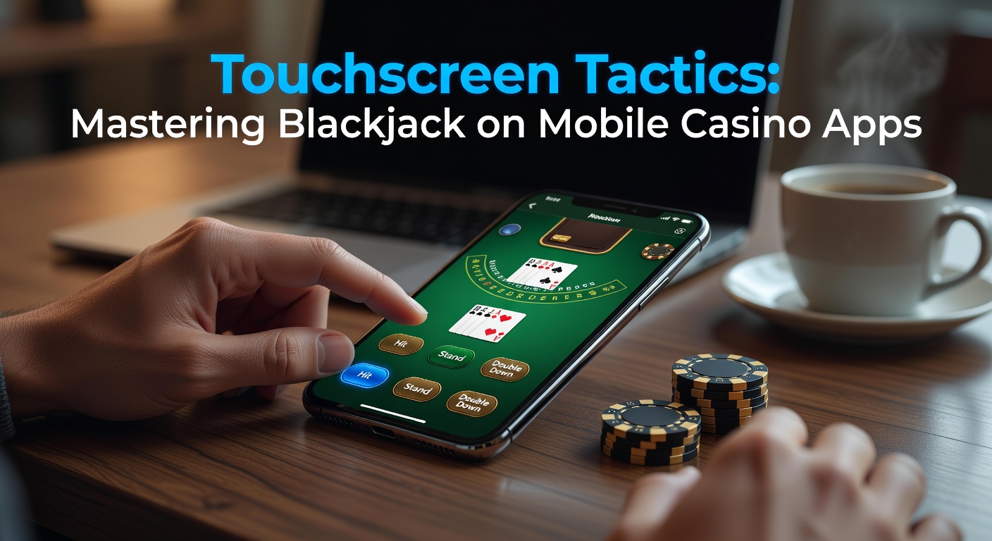 Speler tikt op touchscreen van smartphone tijdens een spannende blackjackronde op een casino-app, met kaarten en fiches zichtbaar op het scherm