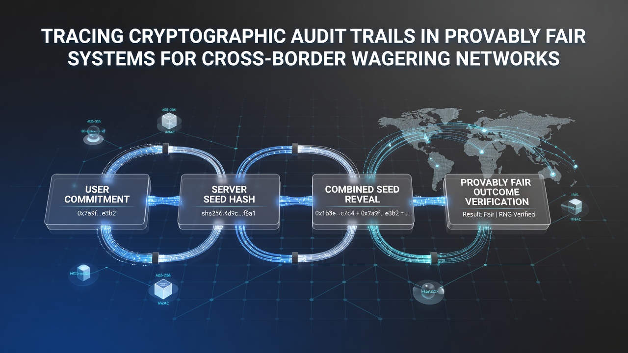 Illustratie van cryptografische audit trails in provably fair systemen met blockchain elementen en netwerkverbindingen