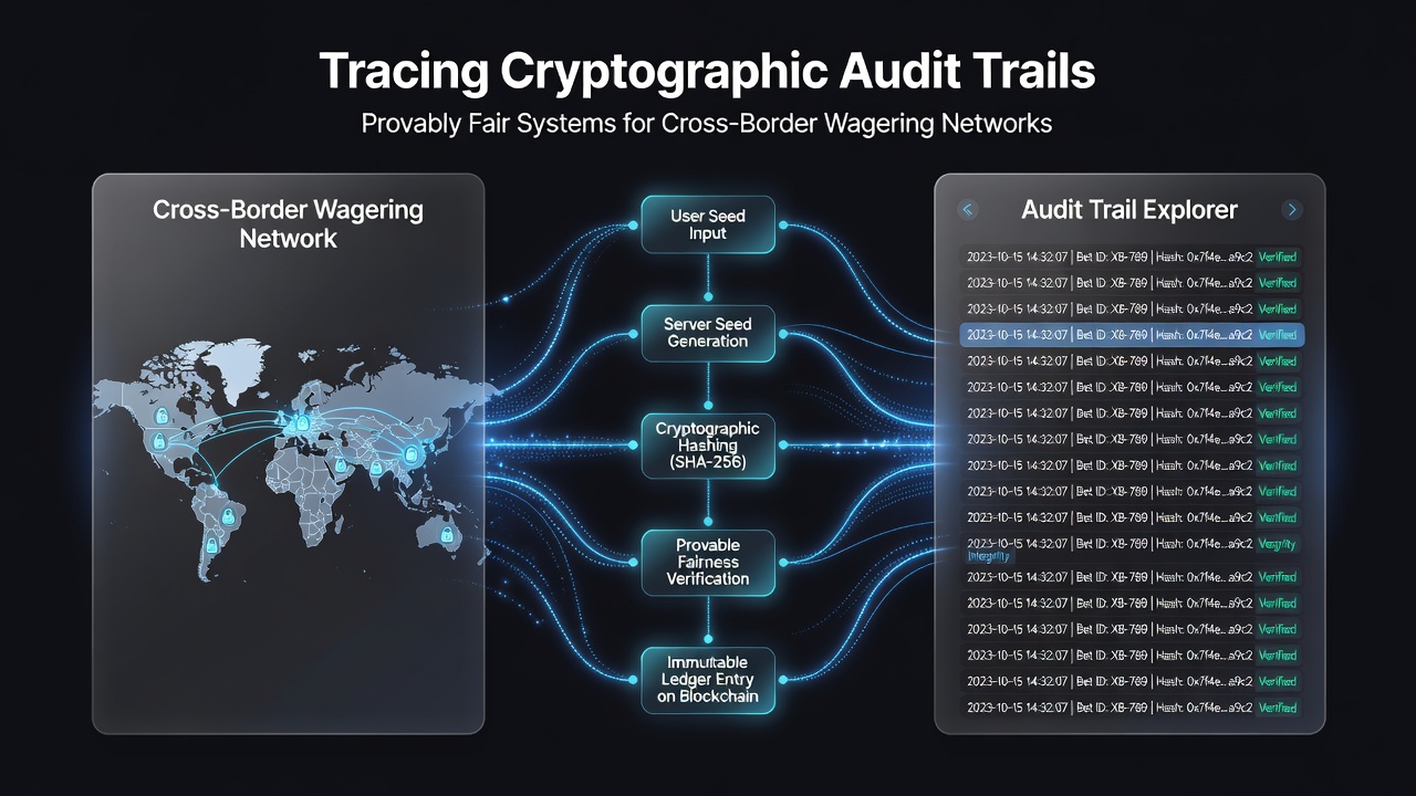 Diagram van audit trail tracing met cryptografische hashes en netwerkknooppunten in een live weddenschapsomgeving
