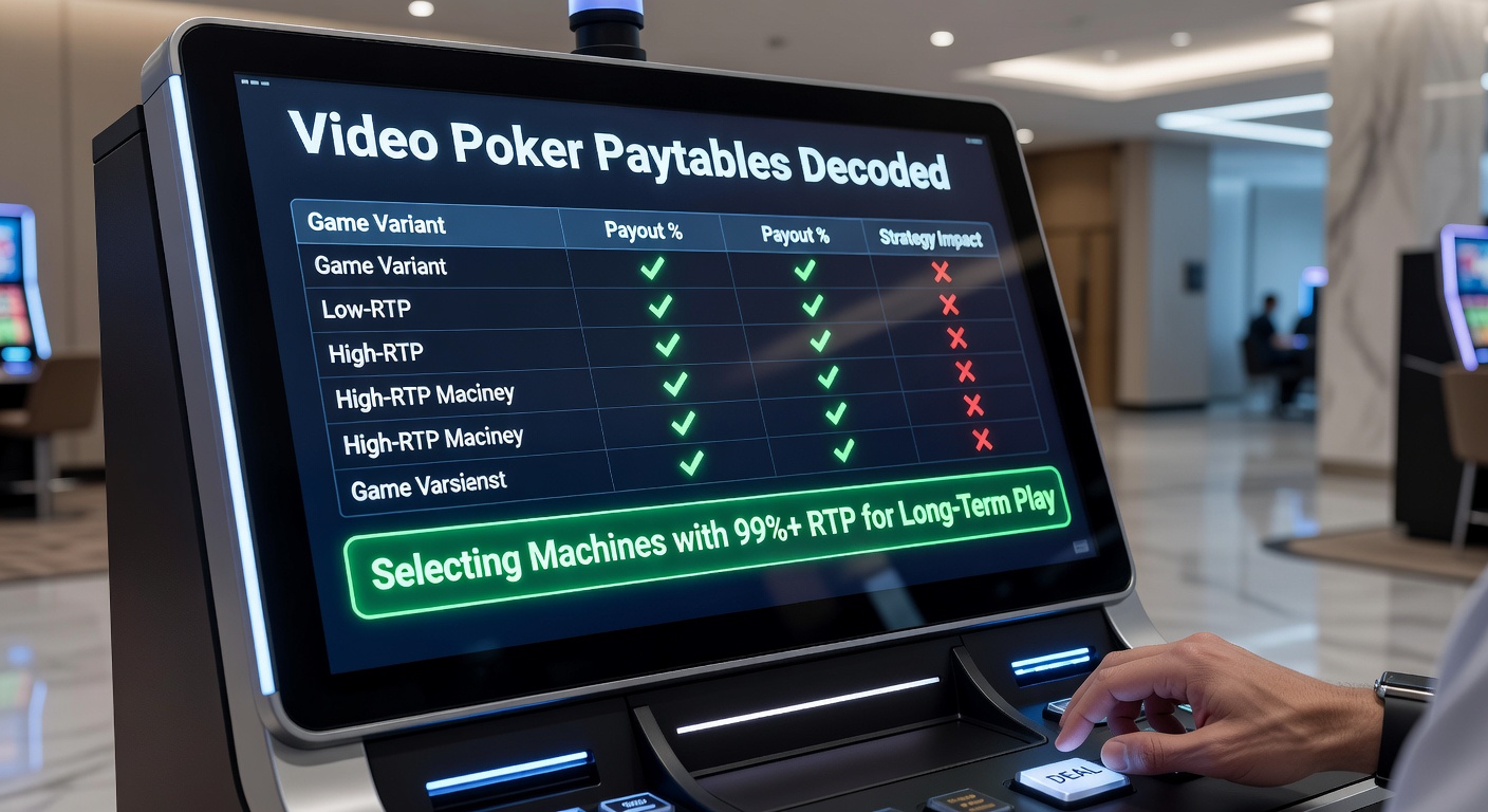Overzicht van een video poker machine met betaaltabel zichtbaar op het scherm, inclusief RTP-indicatoren en uitbetalingslijnen voor full houses en flushes