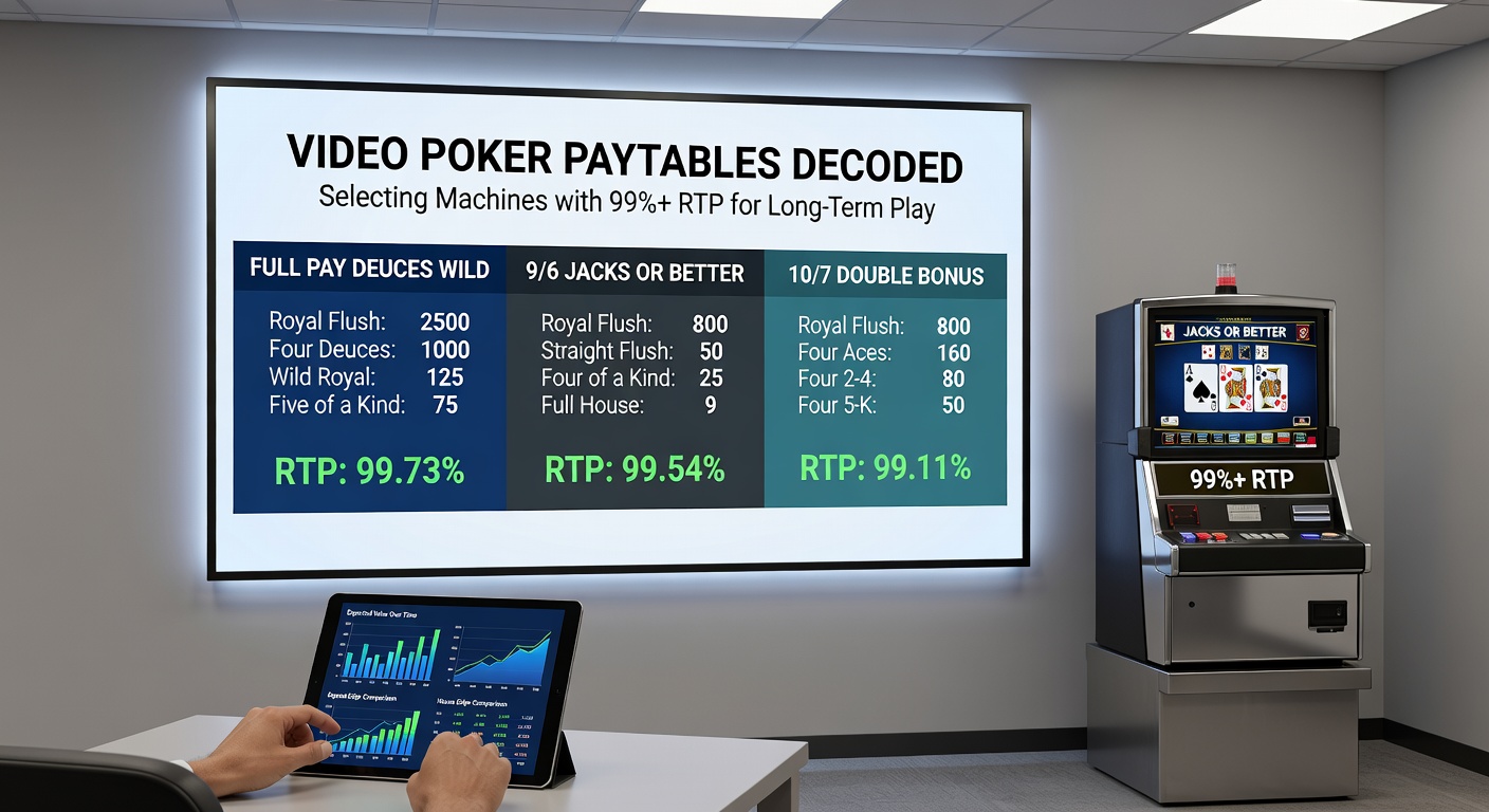 Vergelijkende tabel van video poker paytables, met kolommen voor verschillende varianten zoals 9/6 Jacks or Better en 10/7 Double Bonus, highlightend RTP-percentages boven 99%