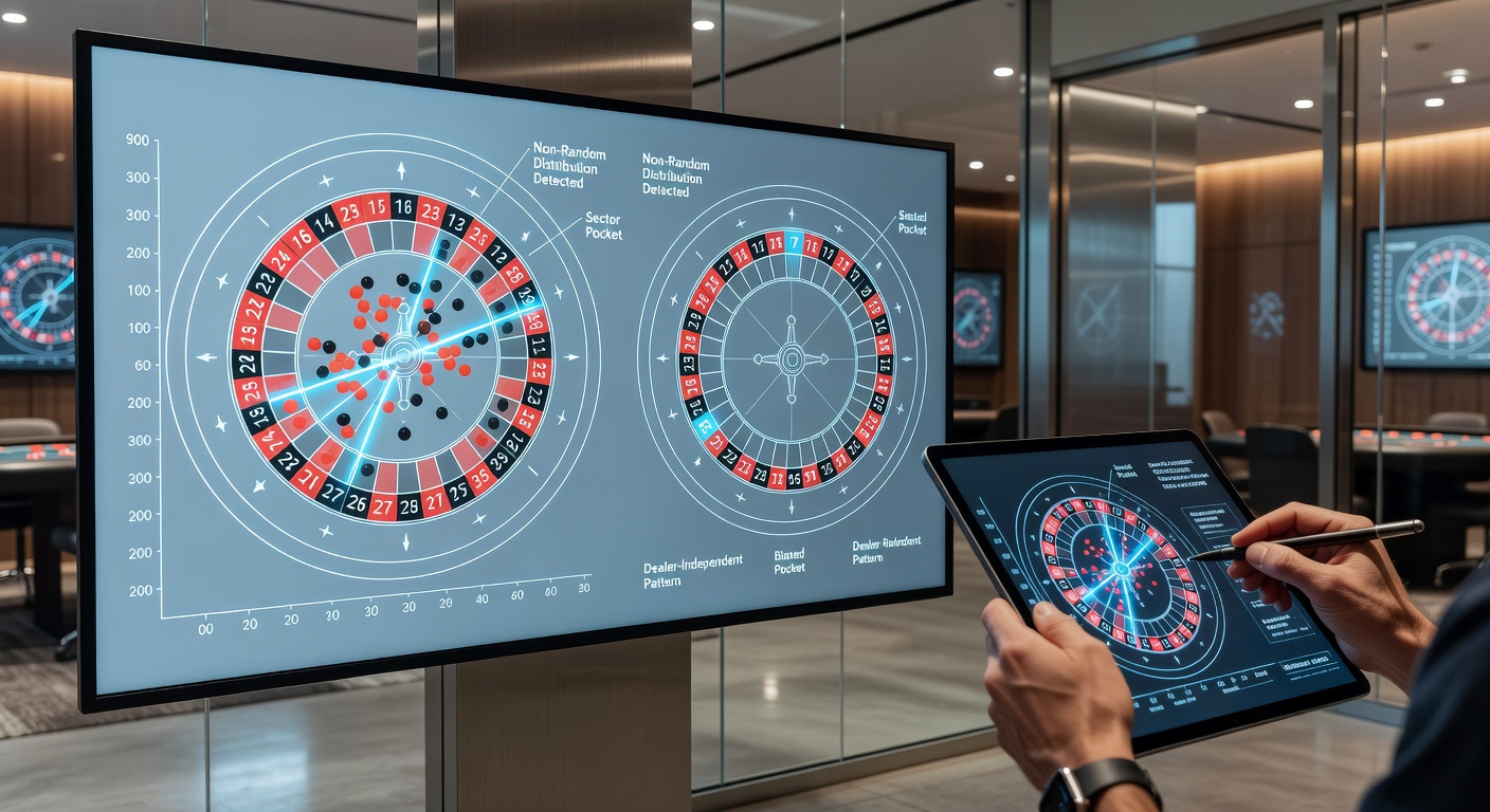 Grafiek met een roulettewiel en statistische hitmaps, tonen rode en groene sectoren met frequenties voor bias-analyse