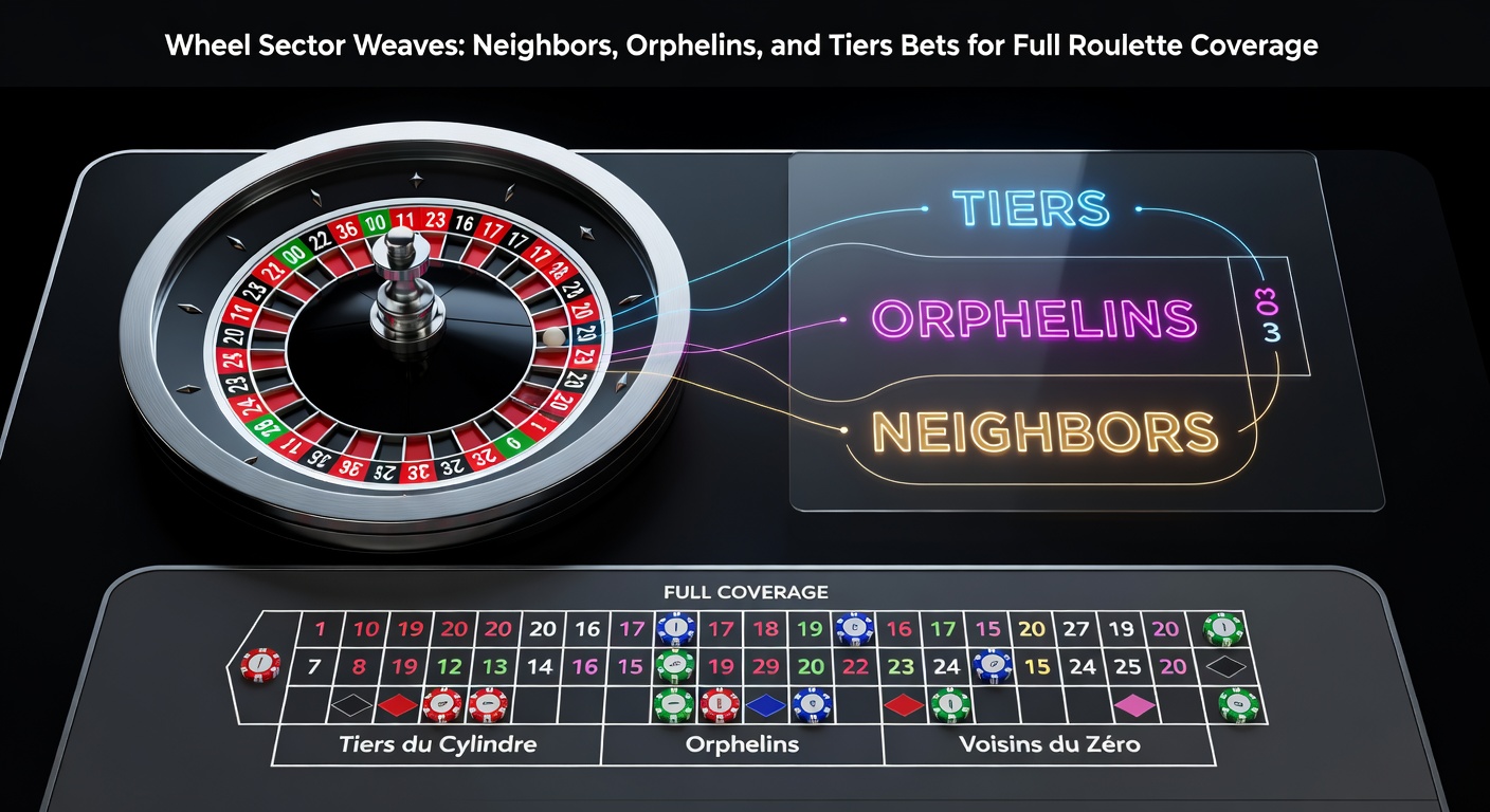Europees roulettewiel met gemarkeerde sectoren voor Neighbors, Orphelins en Tiers-inzetten, illustrerend hoe deze bets overlappende nummers dekken voor bredere coverage